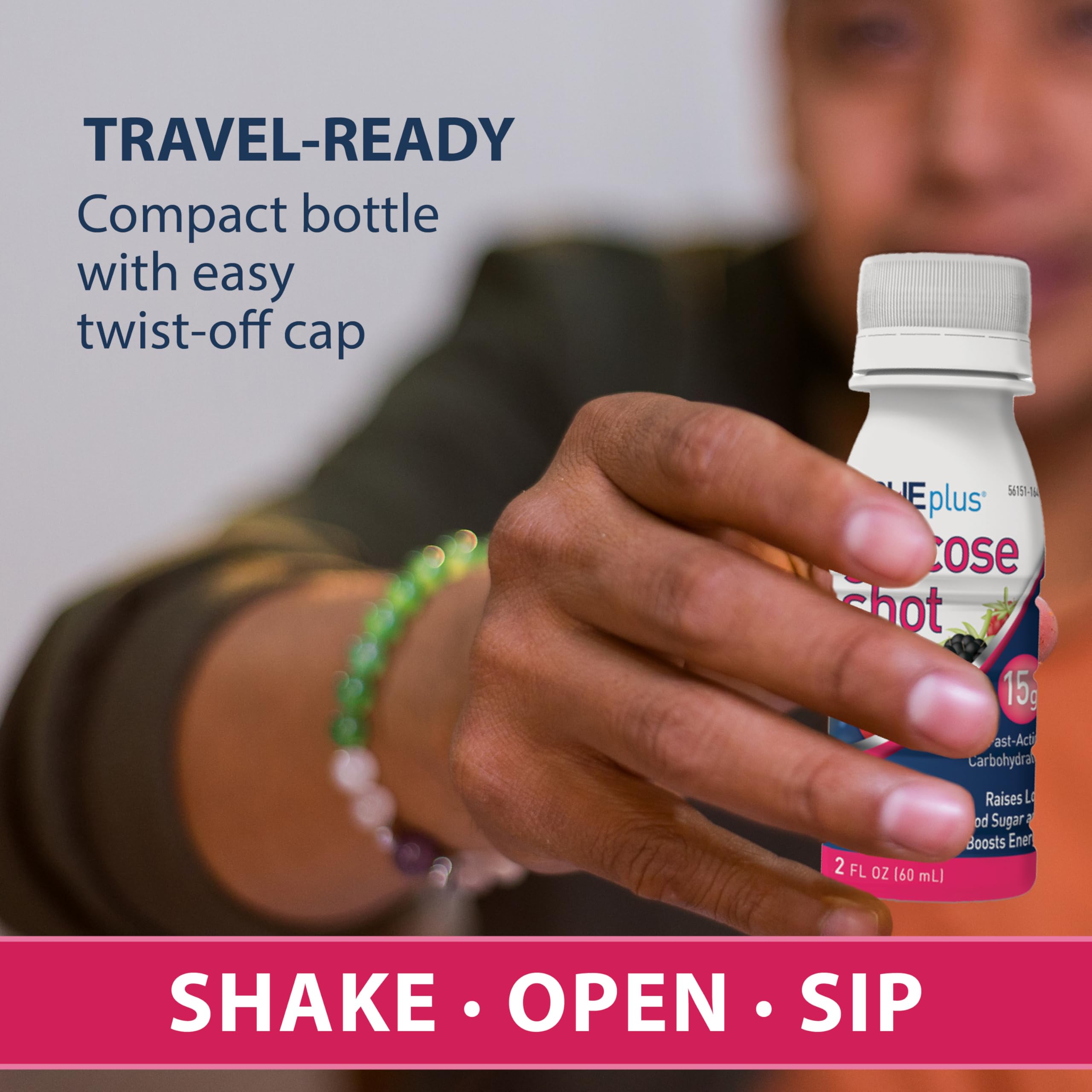 Travel-ready TRUEplus Glucose Shot in compact pack for bags and pockets.