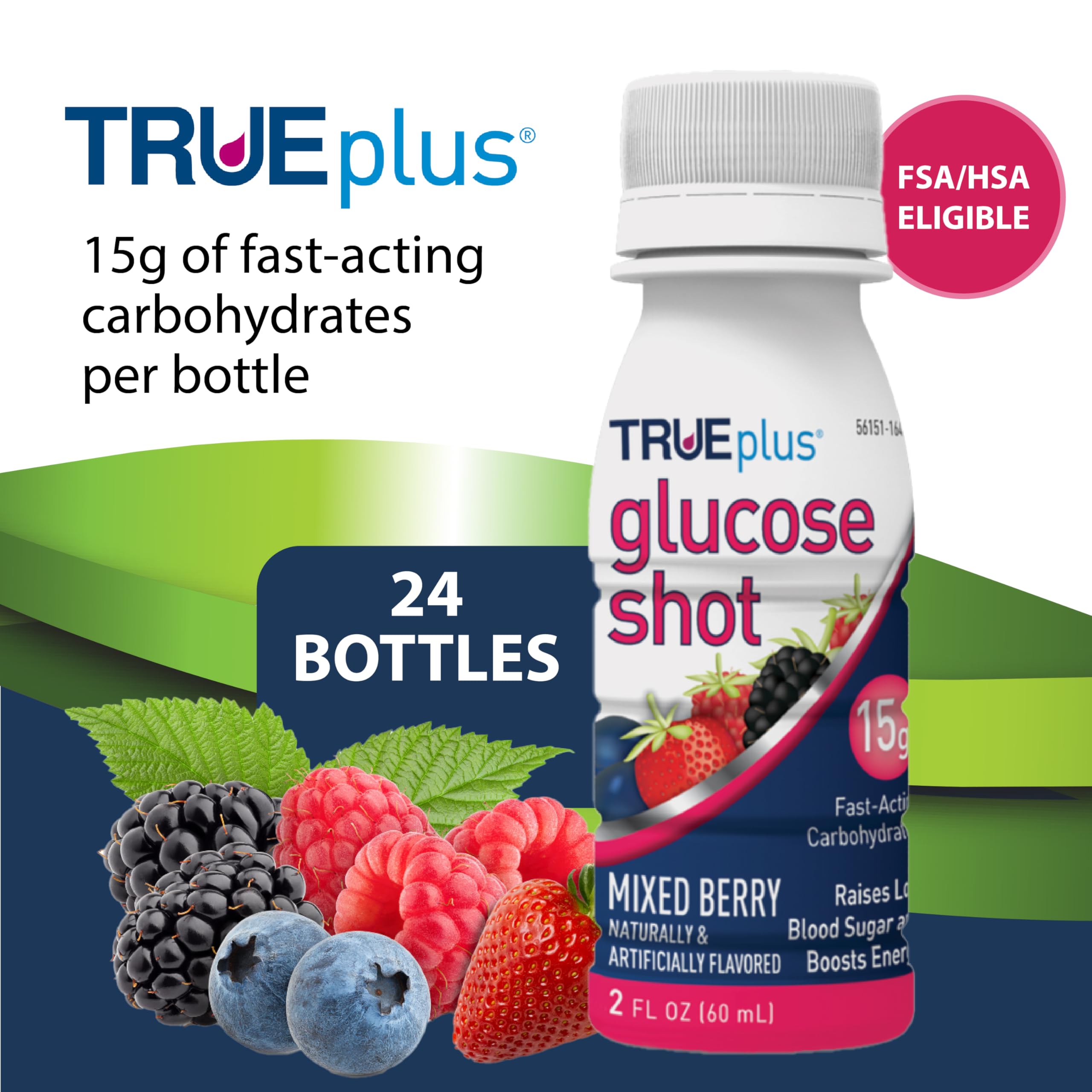 TRUEplus Glucose Shot box shows Mixed Berry flavor for convenient fueling.