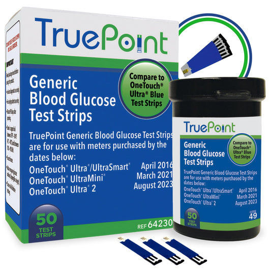 TruePoint blood glucose test strips in a 50-count pack for home monitoring.