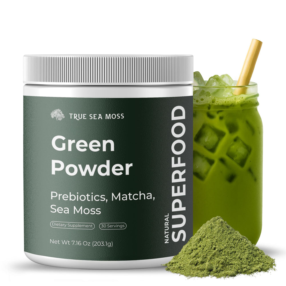TrueSeaMoss super greens powder bottle for daily nutrient boost.