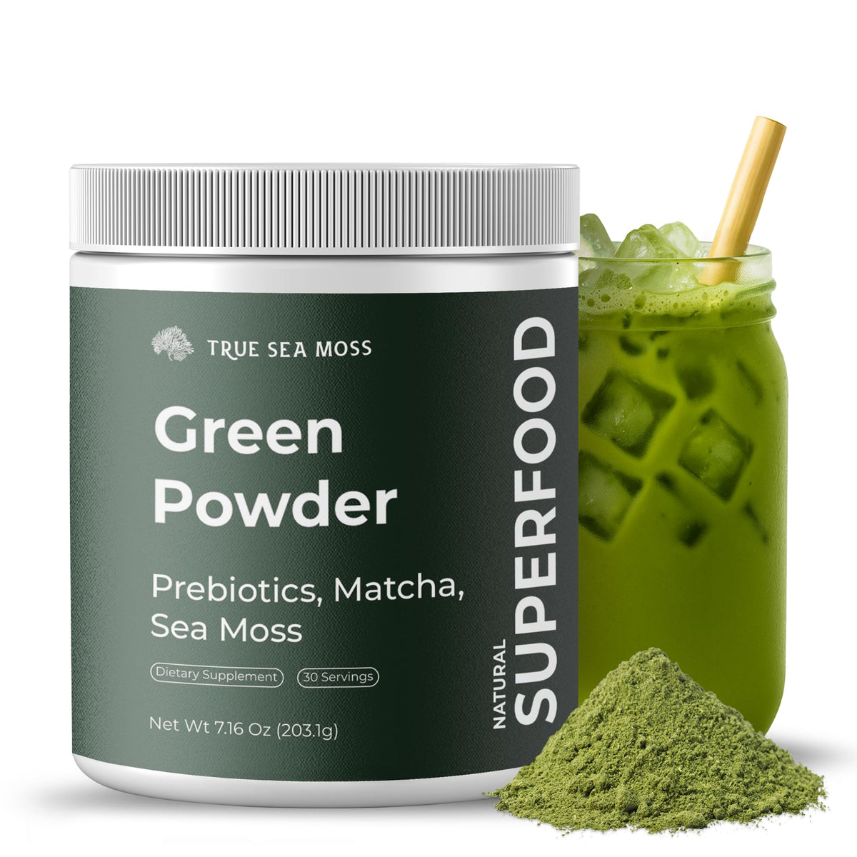 TrueSeaMoss super greens powder bottle for daily nutrient boost.