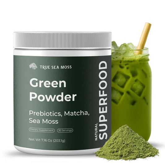 TrueSeaMoss super greens powder bottle for daily nutrient boost.