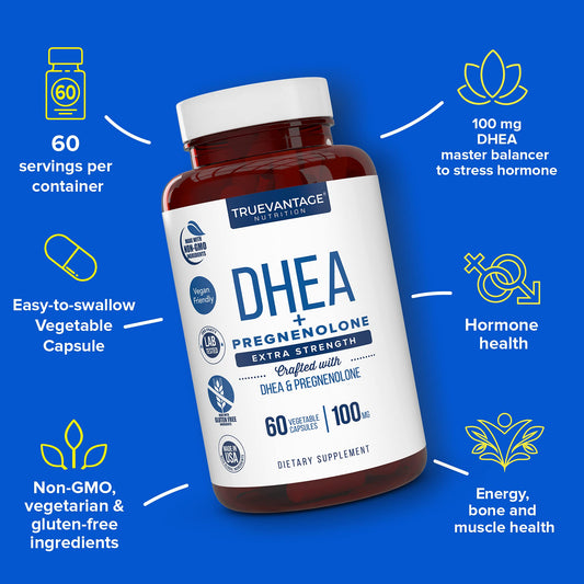Truevantage Nutrition DHEA capsules close-up for convenient daily use.
