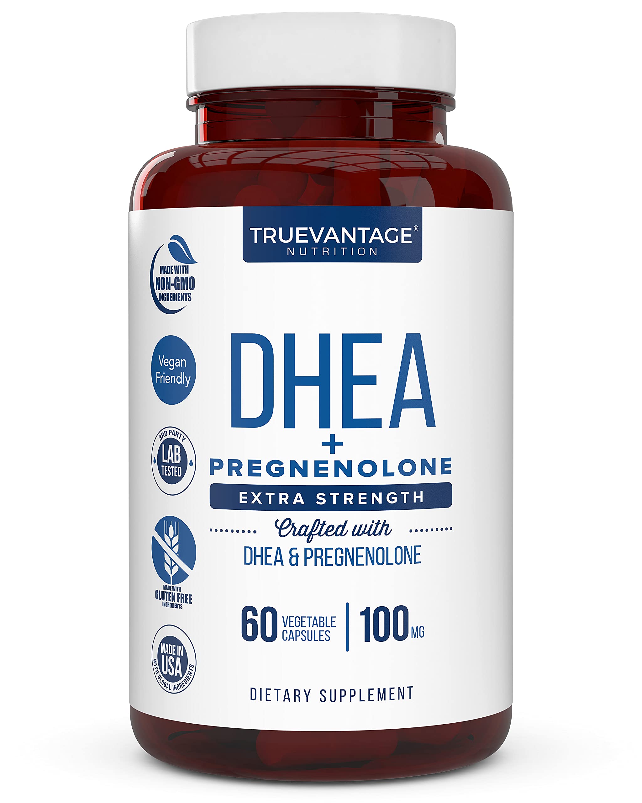 Truevantage Nutrition DHEA with Pregnenolone bottle signaling hormone balance support.