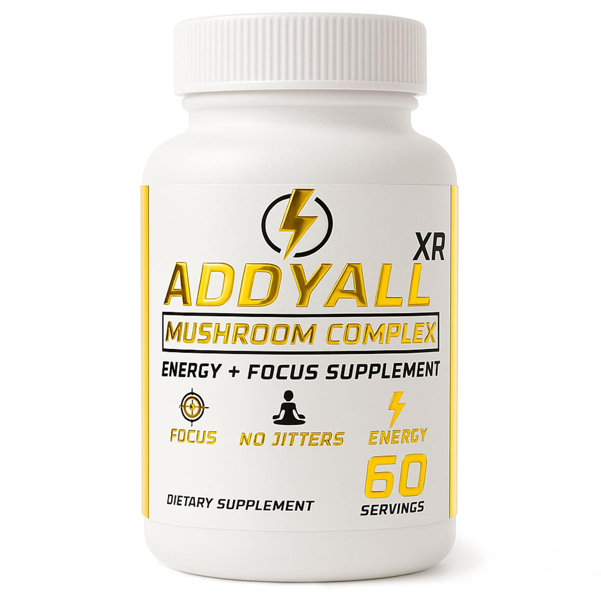 True Wood ADDYALL-XR mushroom complex bottle showing focus support and energy.