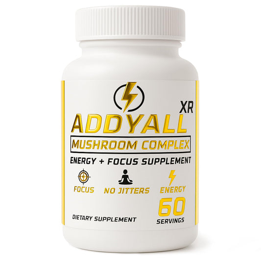 True Wood ADDYALL-XR mushroom complex bottle showing focus support and energy.
