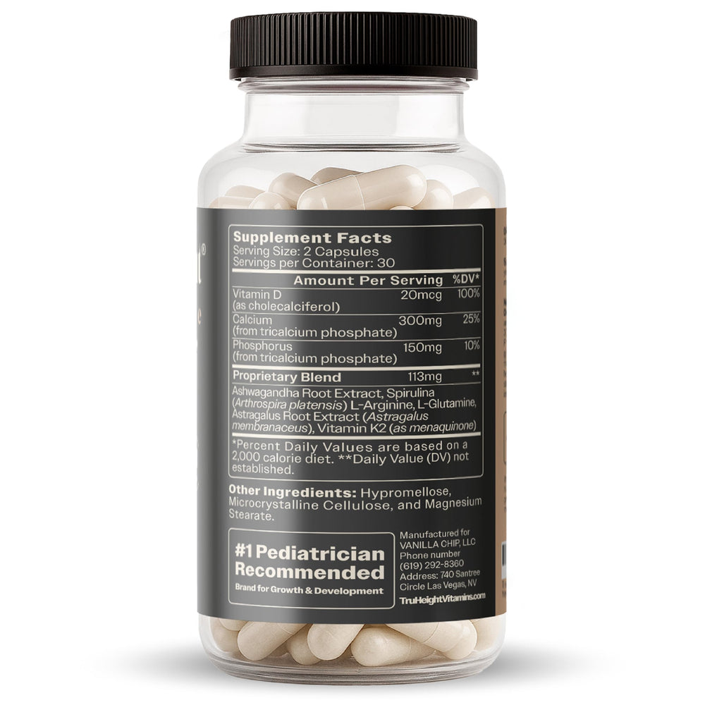 TruHeight capsules label close-up highlighting Ashwagandha and minerals blend.
