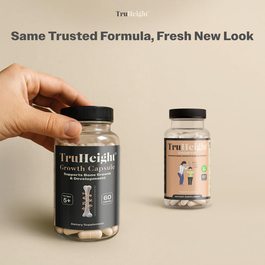 TruHeight growth capsules label highlights calcium, vitamin D and K2 benefits.