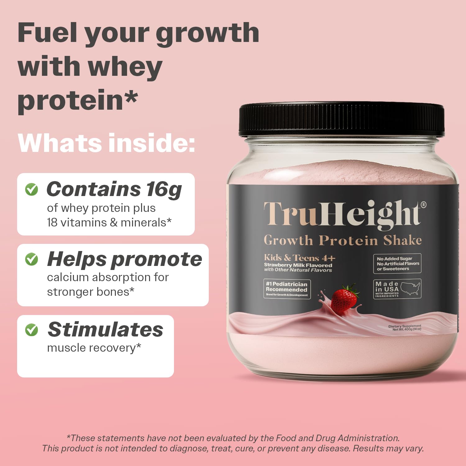 TruHeight nutrition panel lists 16g protein and low sugar