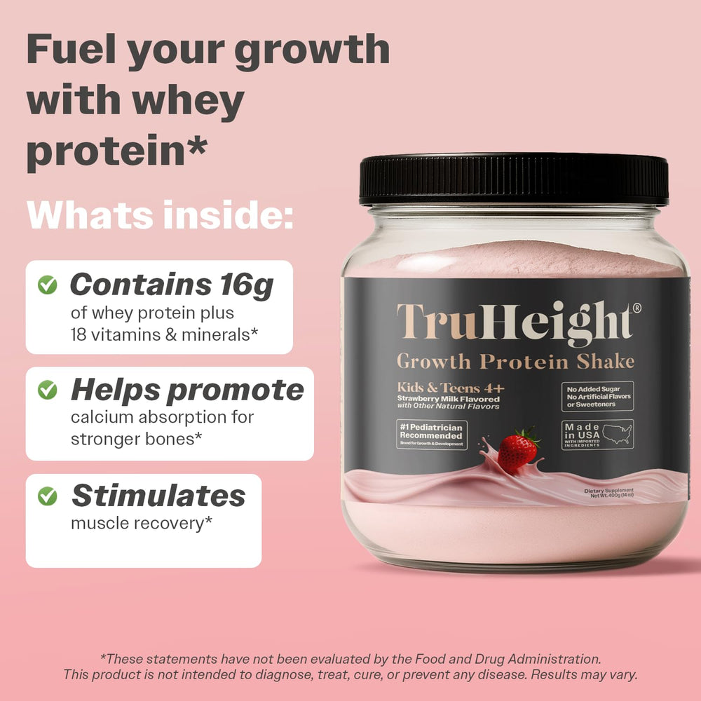 TruHeight nutrition panel lists 16g protein and low sugar