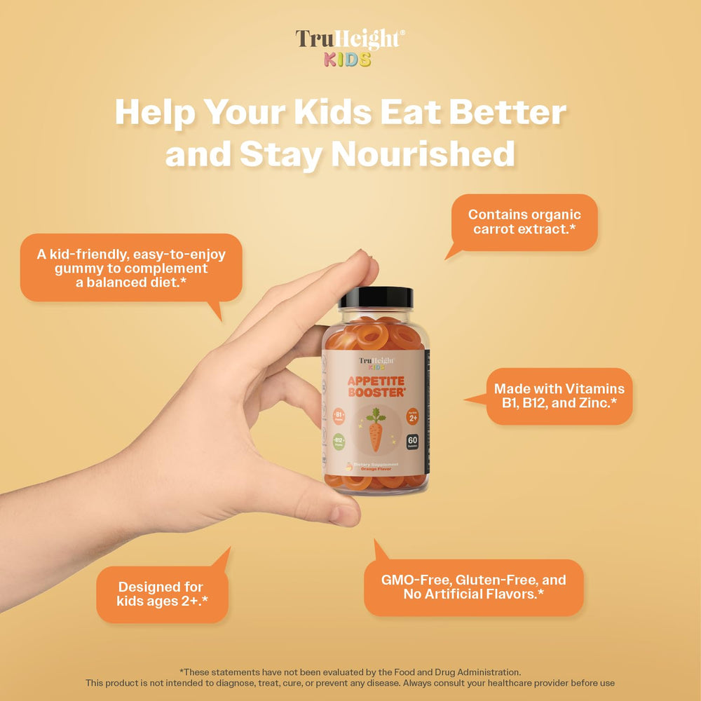 TruHeight bottle label shows carrot extract, B1, B12, and zinc