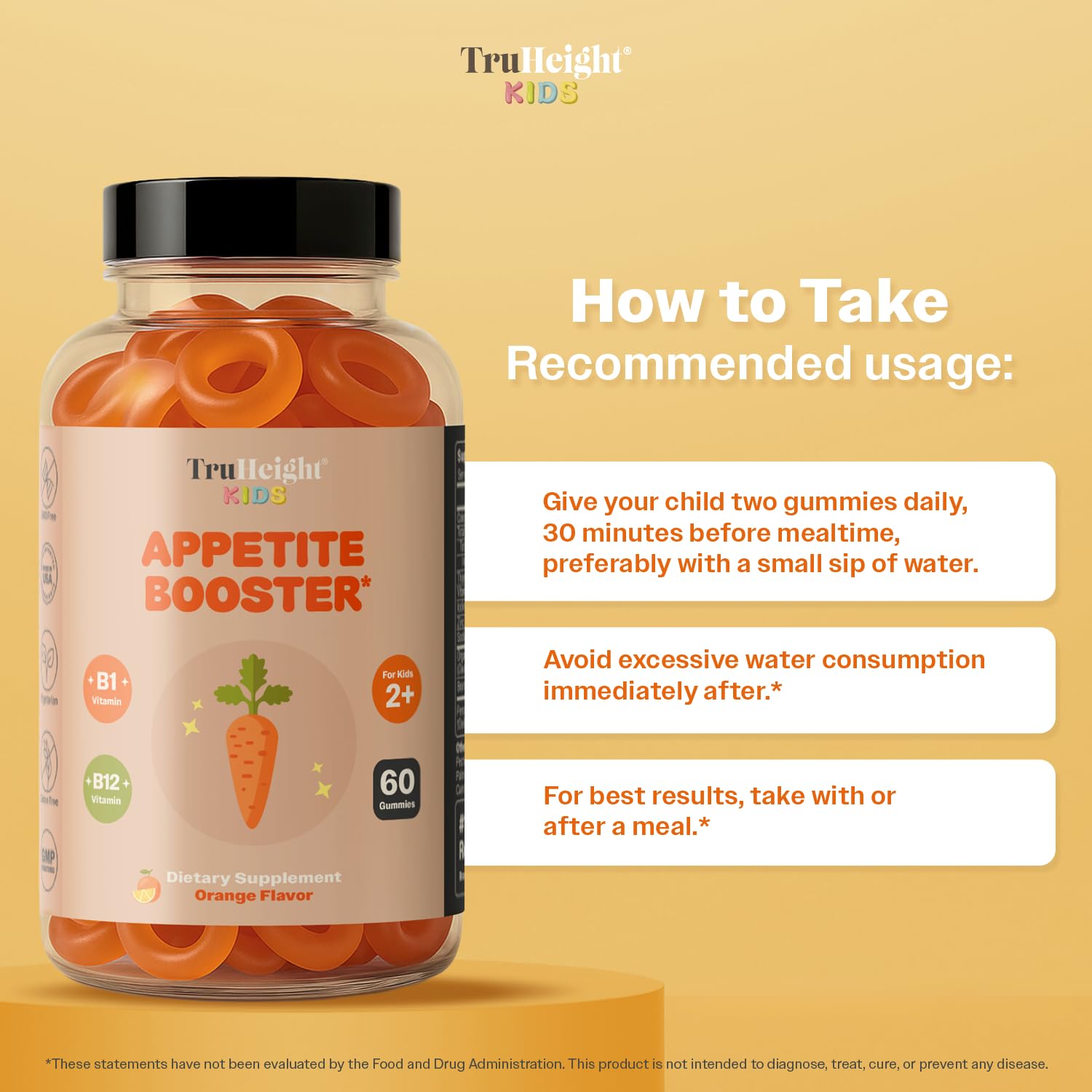 TruHeight Kids Appetite Booster Gummies close-up shows chewy texture and orange flavor for mealtimes.