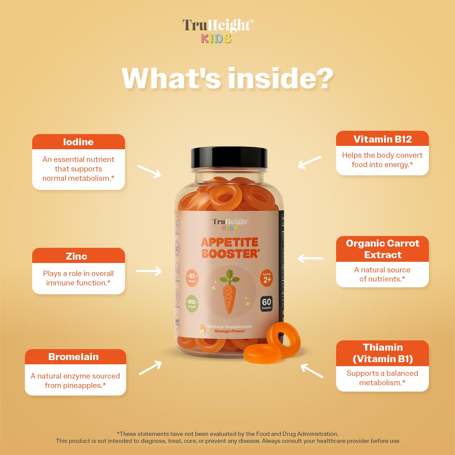 TruHeight ingredients list highlights organic carrot extract and essential vitamins.