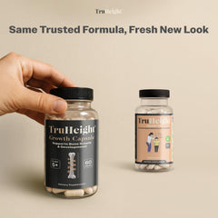 Closeup of TruHeight capsules highlighting calcium and vitamin D benefits.