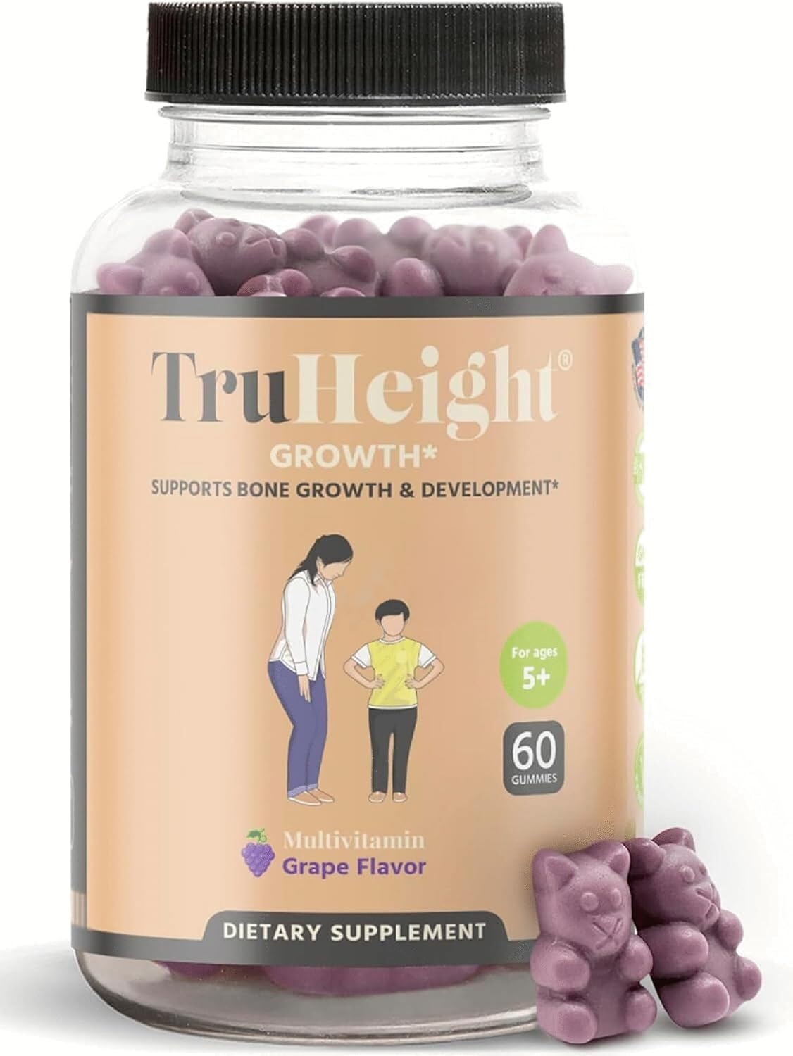 TruHeight Growth Gummies grape bottle shown, with a focus on family-friendly nutrition.