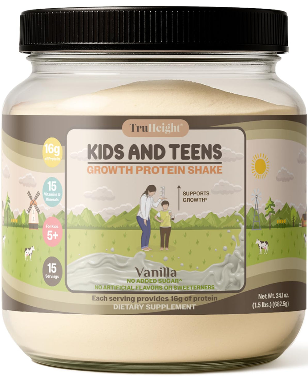 TruHeight Growth Protein Shake Vanilla Ice Cream bottle front showing kid-friendly nutrition.
