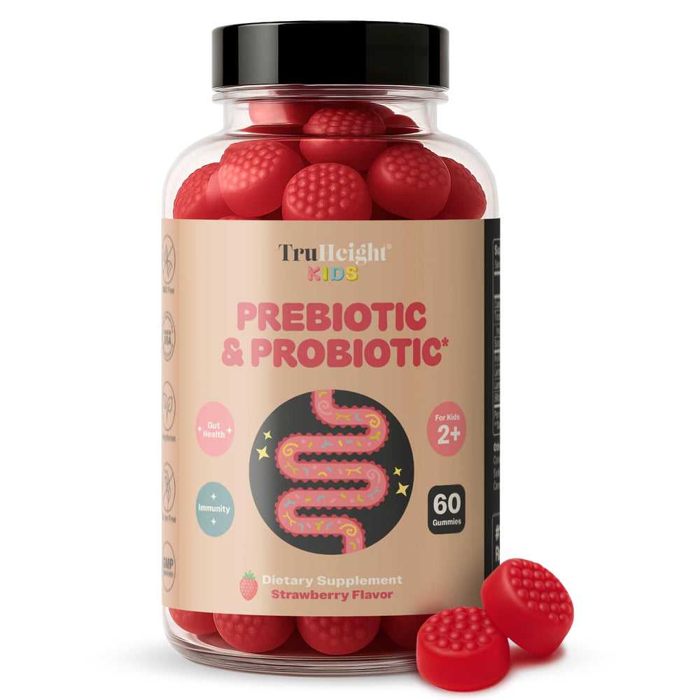 TruHeight kids gummies strawberry bottle promotes gentle digestion and daily gut wellness.