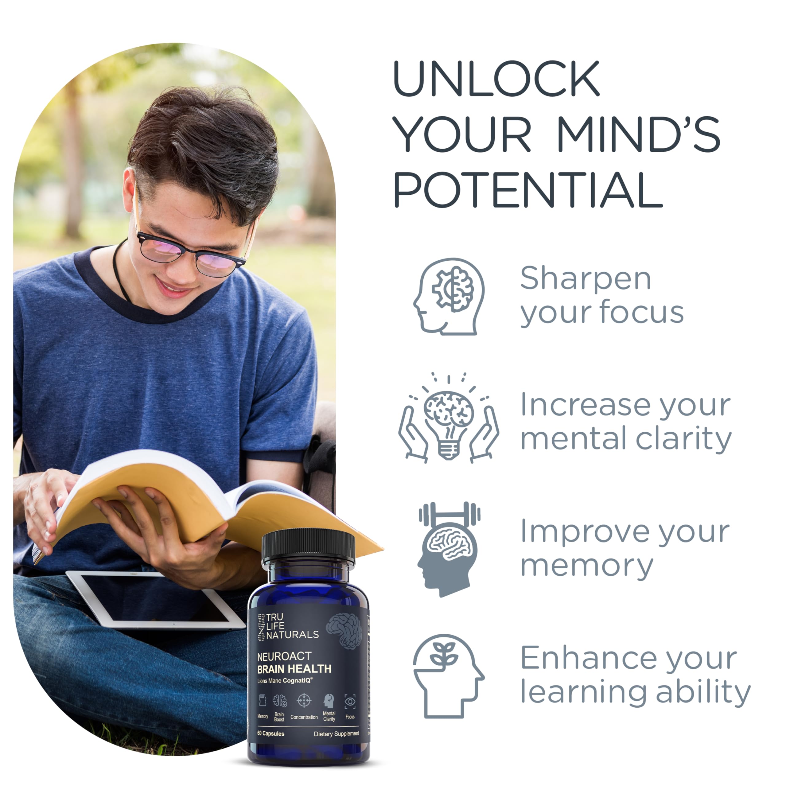 TRULIFE NATURALS NEUROACT daily-use scene with bottle and glass.