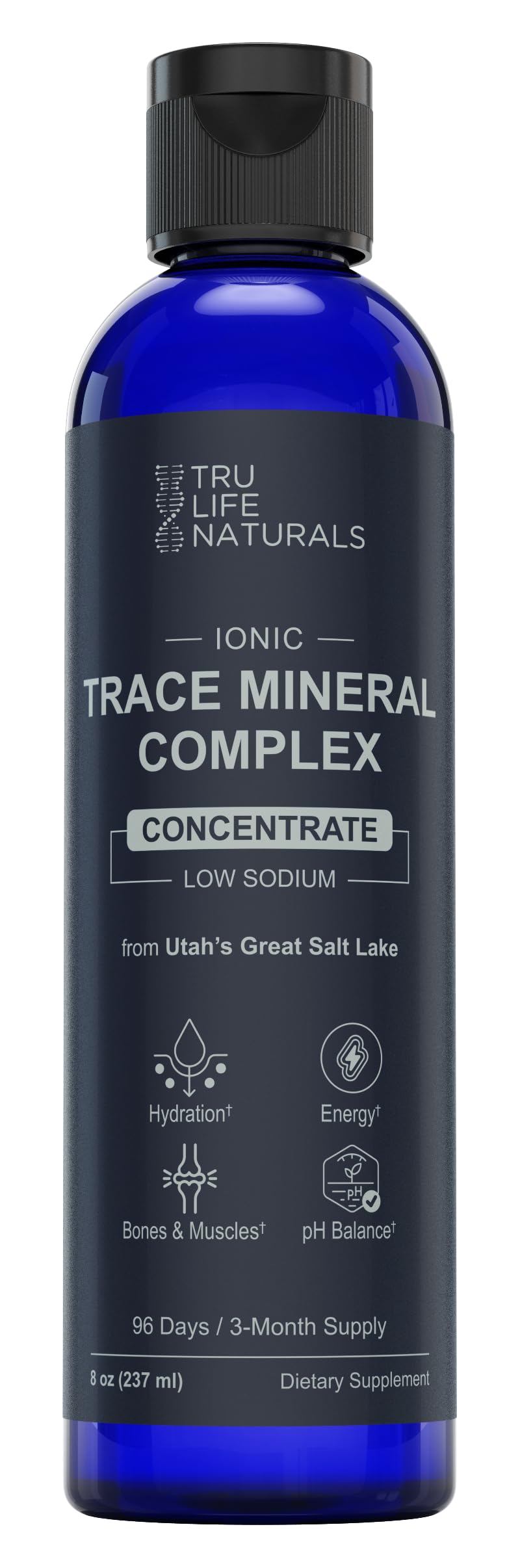 TRULIFE NATURALS Trace Mineral Complex bottle front shows 72+ minerals for hydration