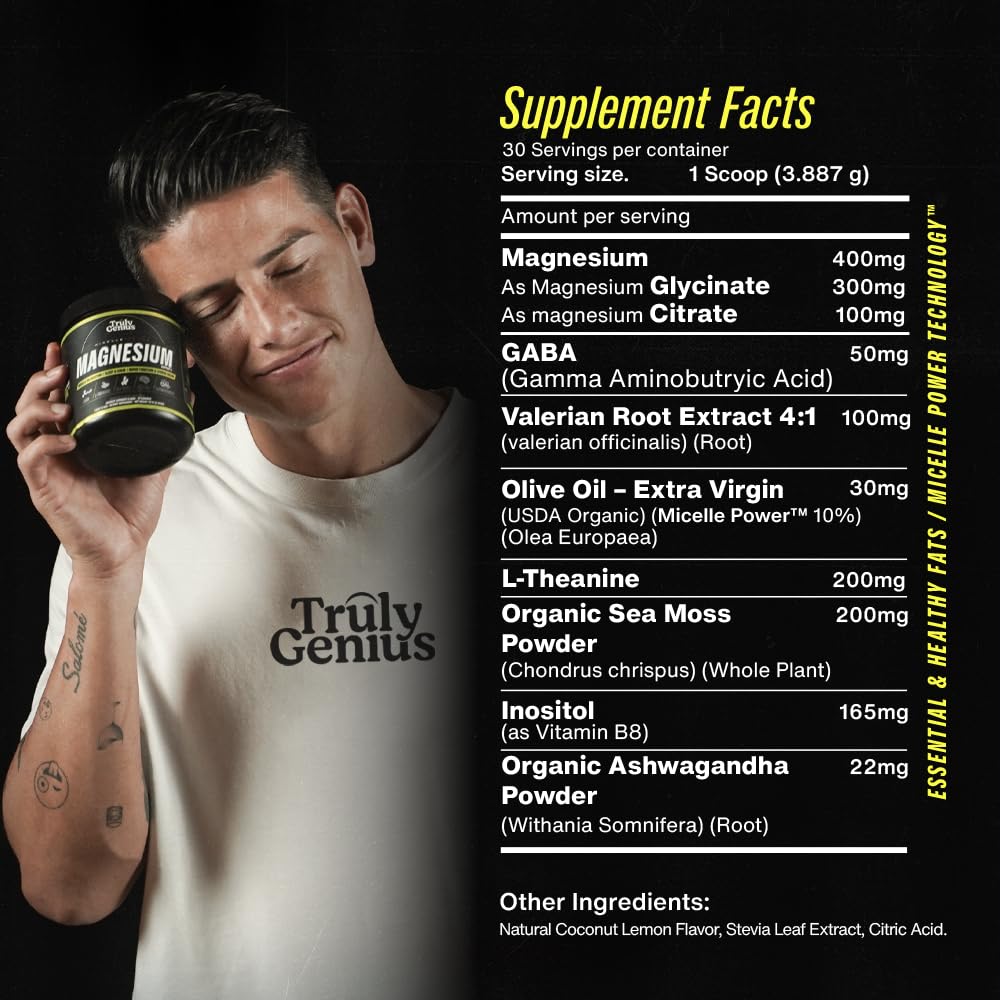 Truly Genius magnesium powder coconut lemonade scoop showcases flavor and versatility.