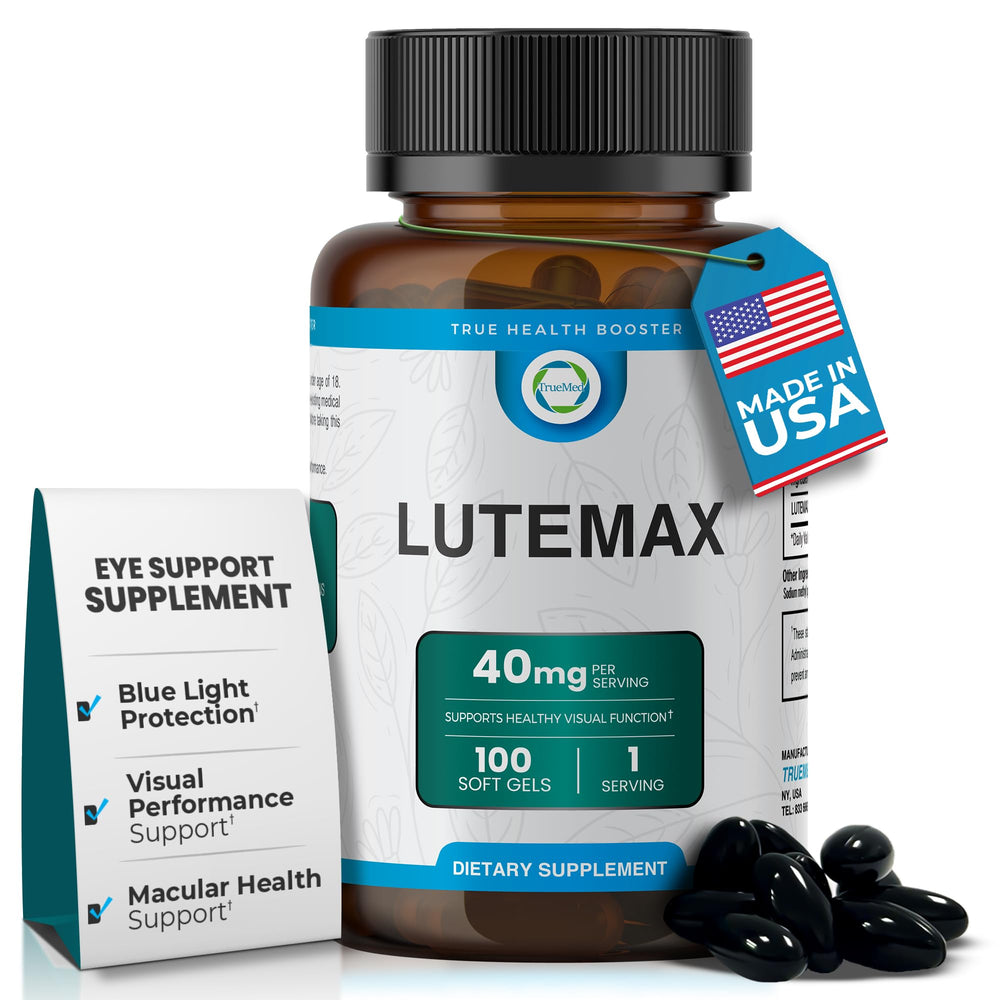 TrueMed Lutemax 40 mg bottle highlights blue light protection for digital screen users