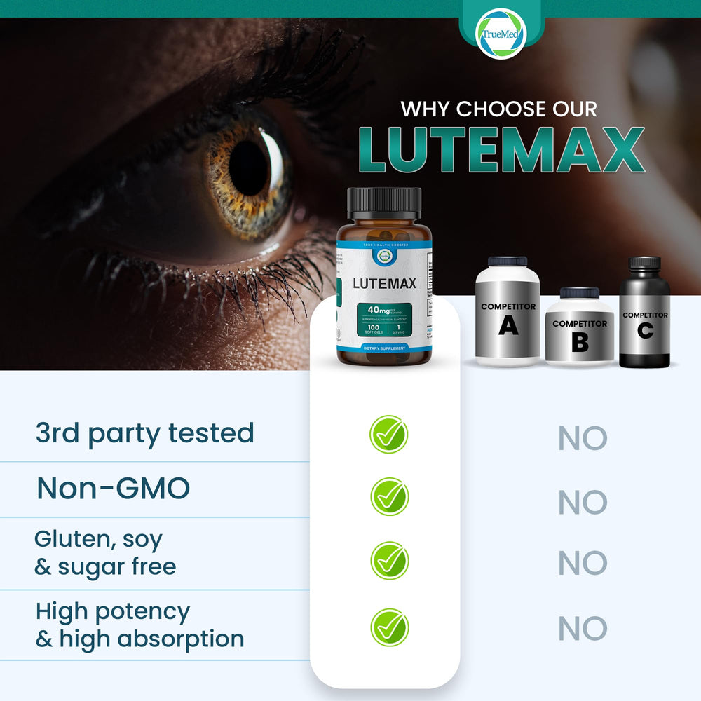 Packaging display of TrueMed Lutemax suggests antioxidant defense for long-term eye comfort
