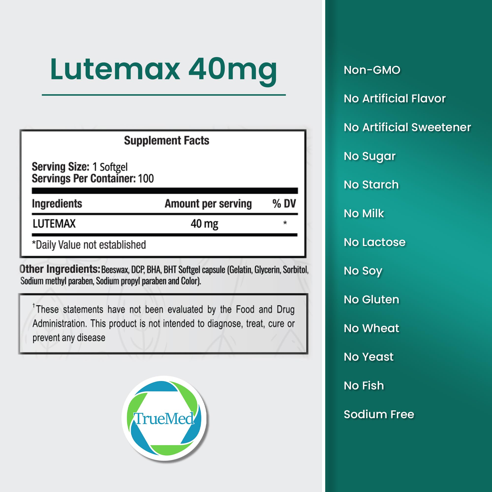 Close-up of TrueMed Lutemax softgels emphasizes easy daily intake and high-quality ingredients