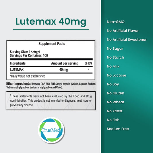 Close-up of TrueMed Lutemax softgels emphasizes easy daily intake and high-quality ingredients