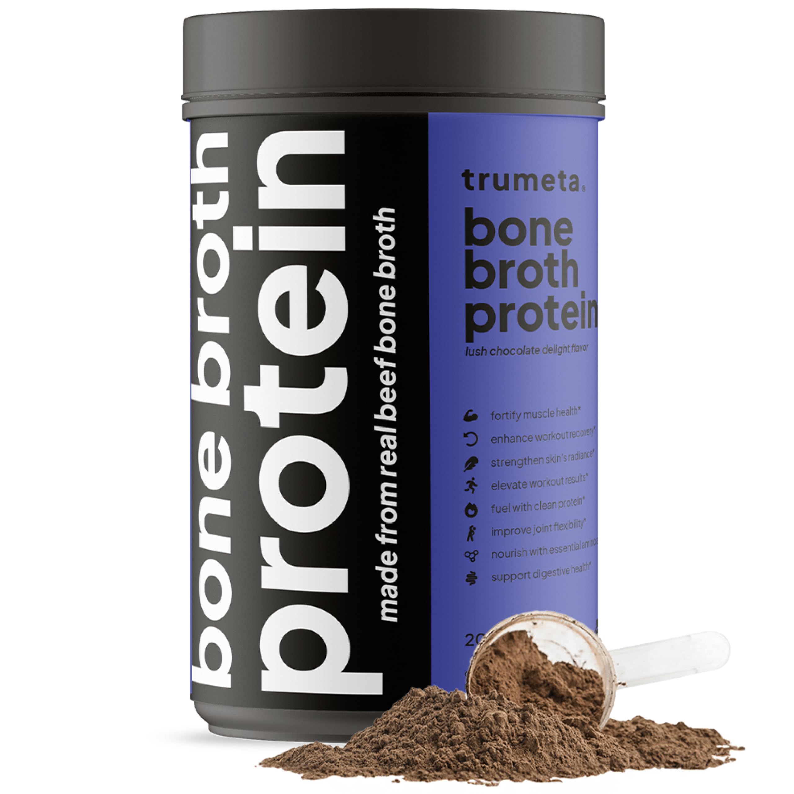 TRUMETA beef bone broth powder tin highlights a protein-rich daily nutrition option