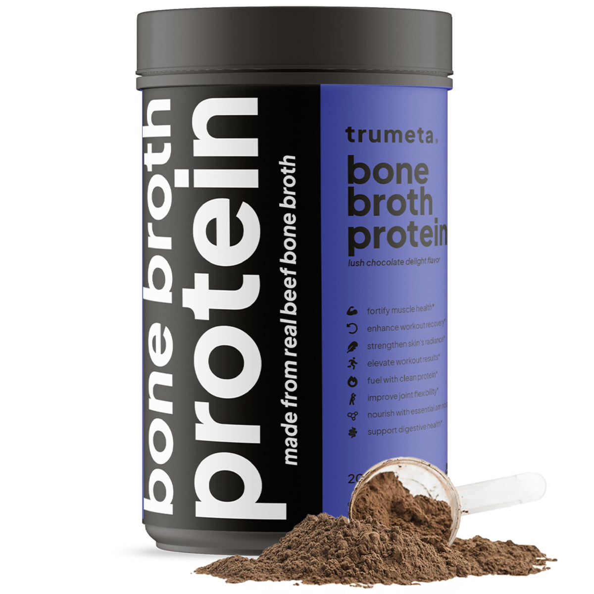 TRUMETA beef bone broth powder tin highlights a protein-rich daily nutrition option