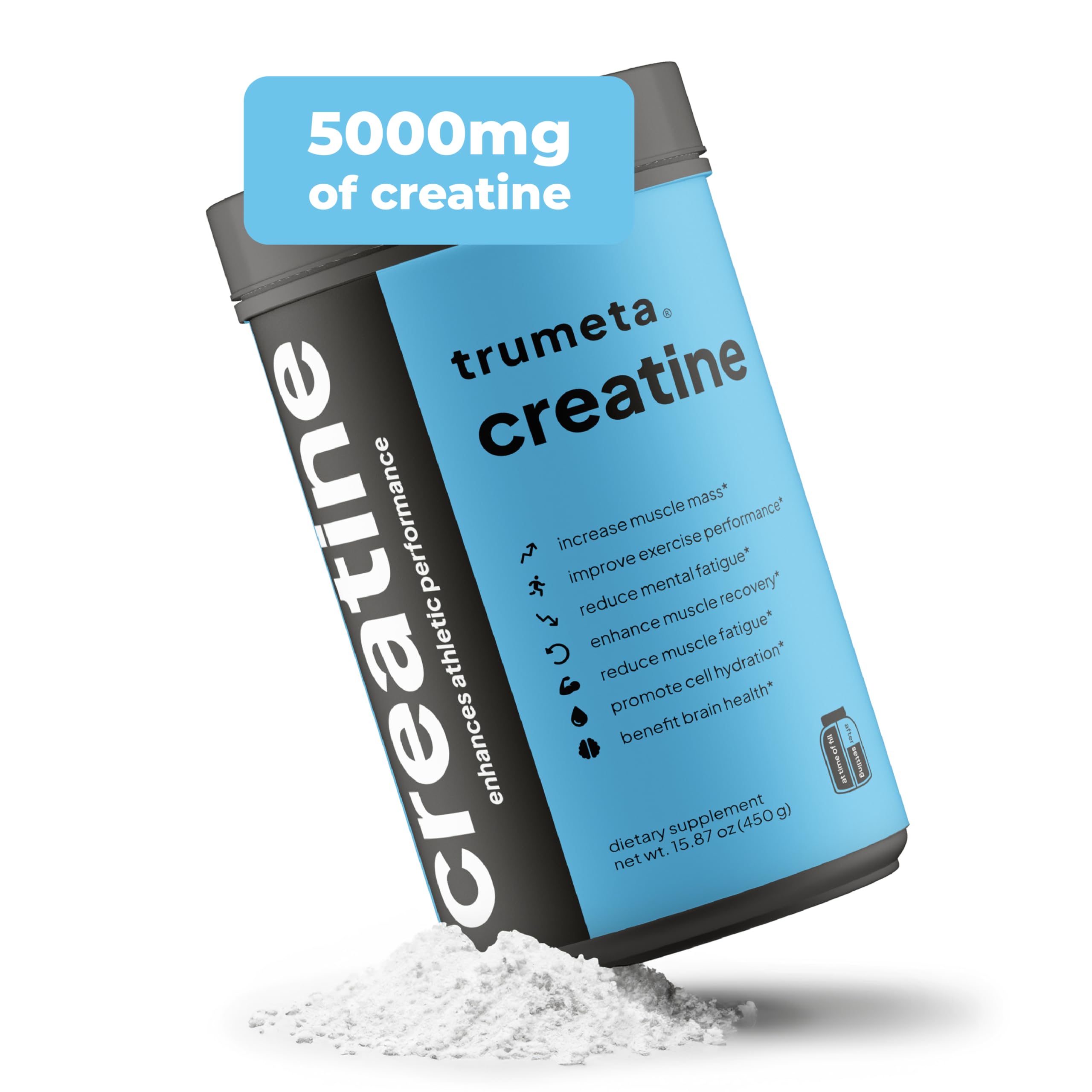 TRUMETA creatine monohydrate powder bottle showing purity and steady energy for workouts