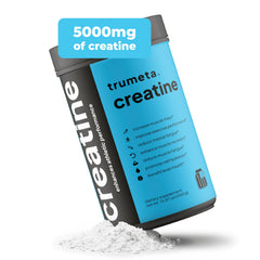 TRUMETA creatine monohydrate powder bottle showing purity and steady energy for workouts