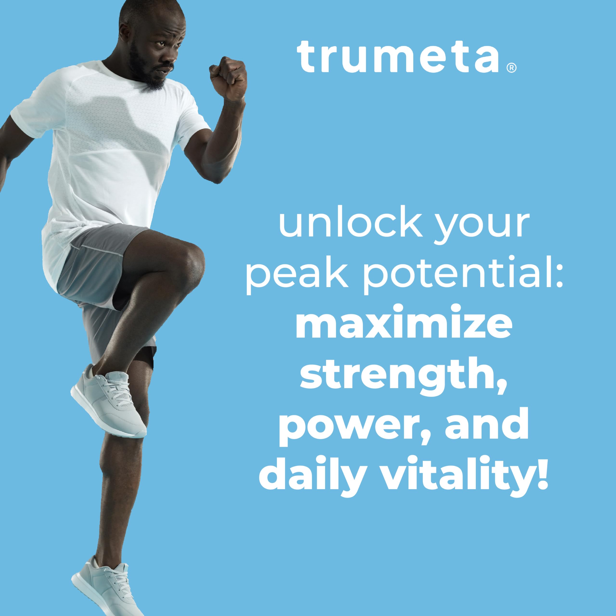 TRUMETA creatine monohydrate powder with fitness gear on a bench