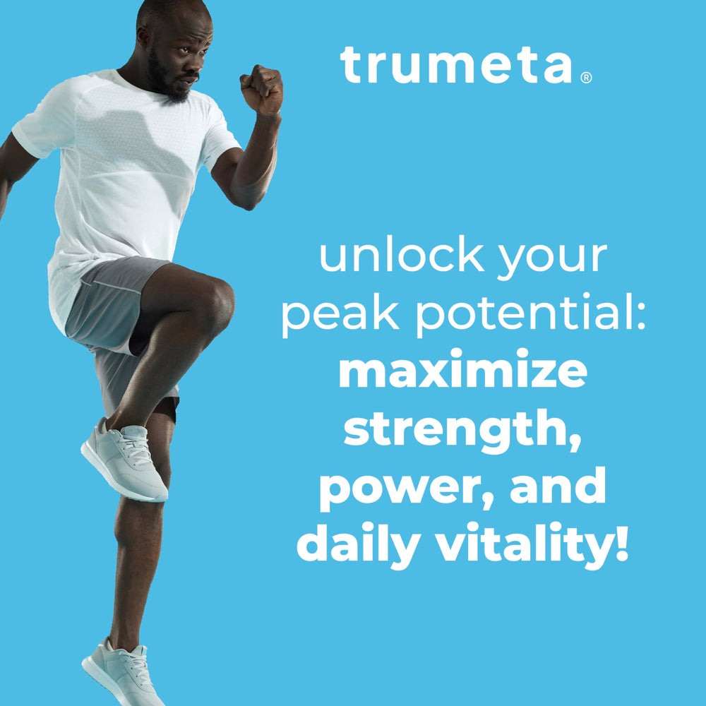 TRUMETA creatine monohydrate powder with fitness gear on a bench