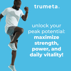 TRUMETA creatine monohydrate powder with fitness gear on a bench