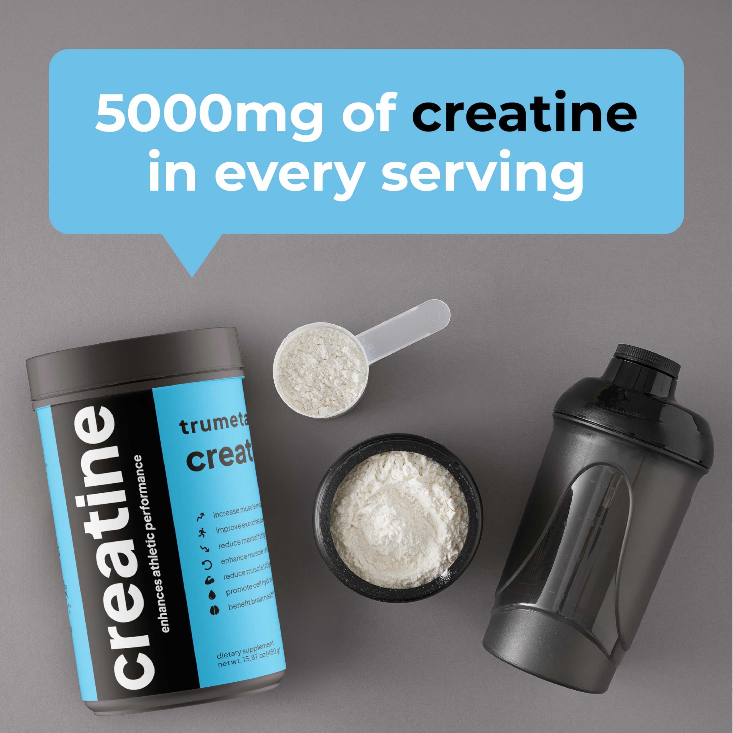 TRUMETA creatine monohydrate powder jar close-up revealing ingredient transparency