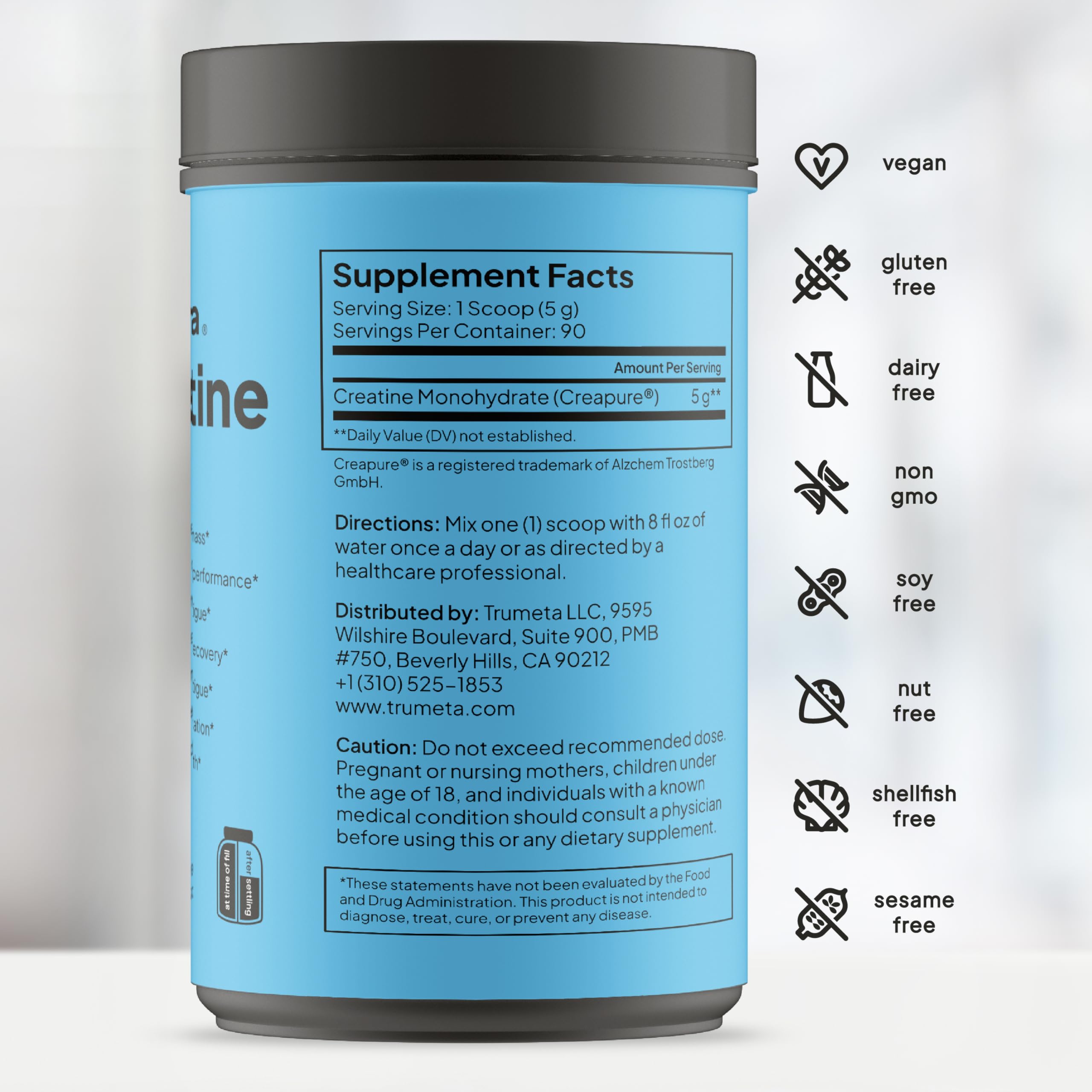 TRUMETA creatine monohydrate powder label close-up emphasizing Creapure quality