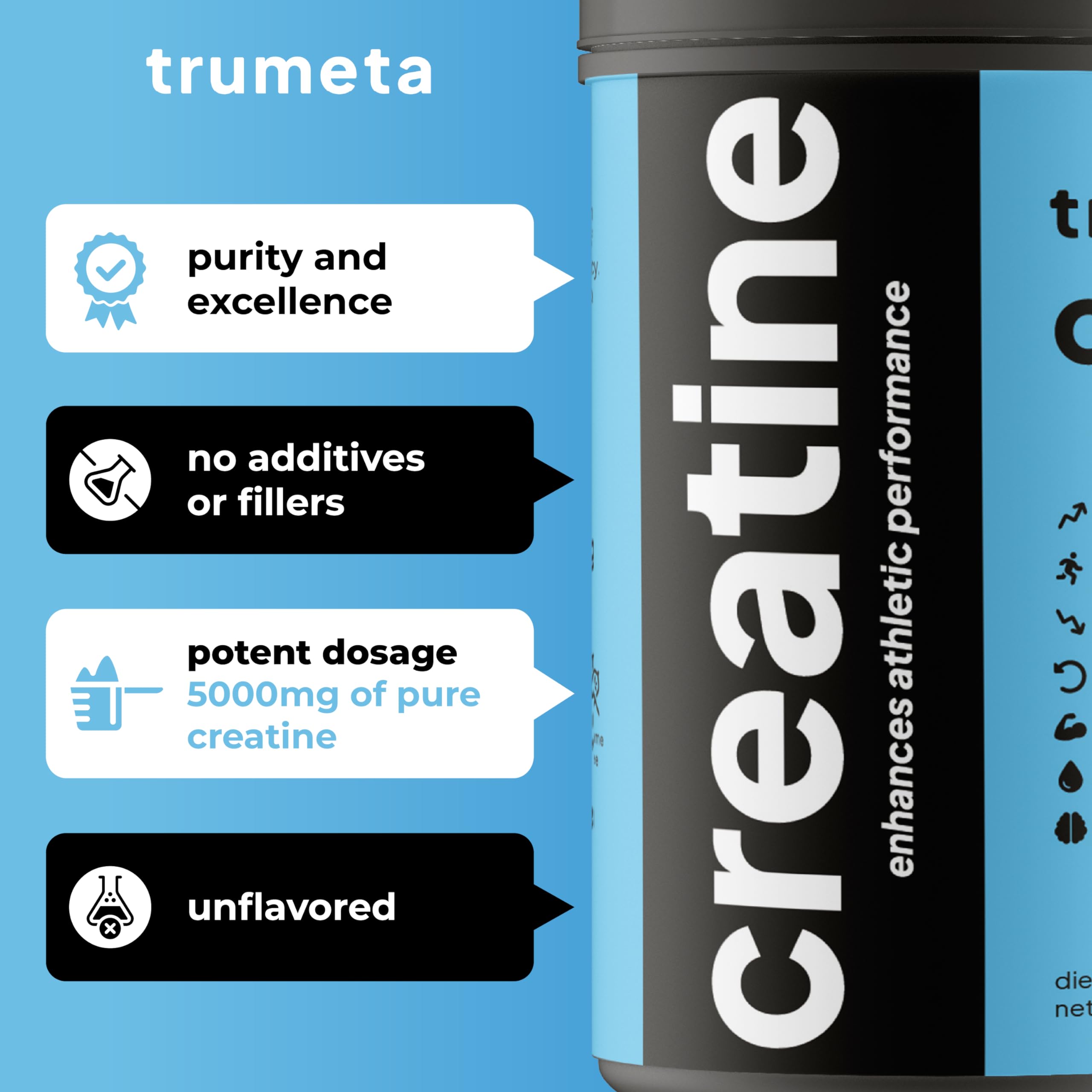 TRUMETA creatine monohydrate powder mixed in water with smooth dissolve