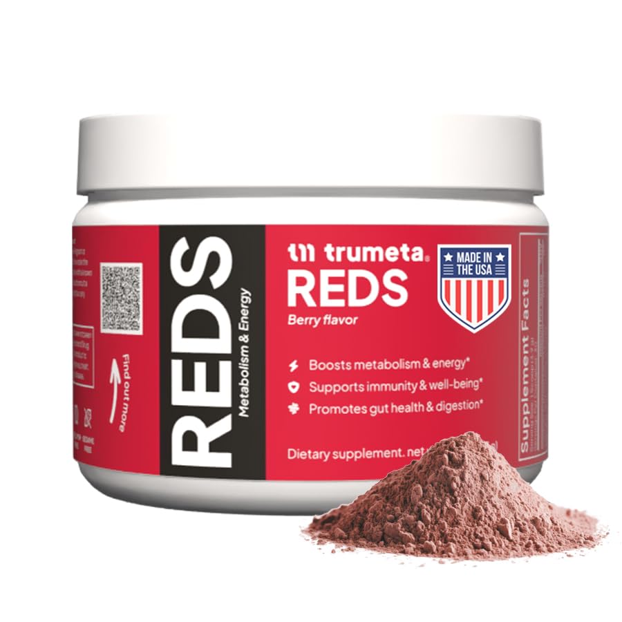 TRUMETA Reds Powder Jar front view highlighting immune support blend.
