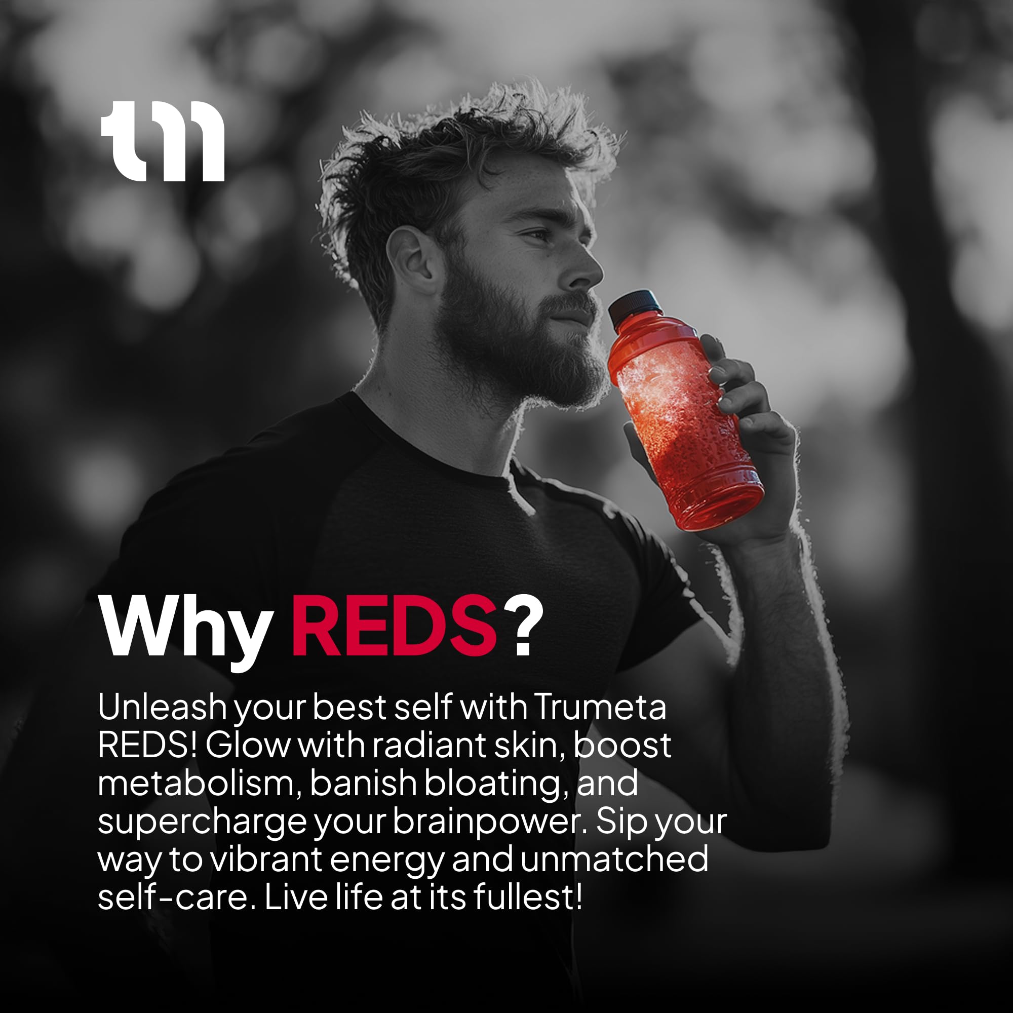 TRUMETA Reds Powder prepared drink showing berry and mushroom blend.