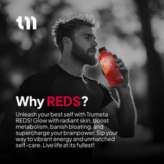 TRUMETA Reds Powder prepared drink showing berry and mushroom blend.