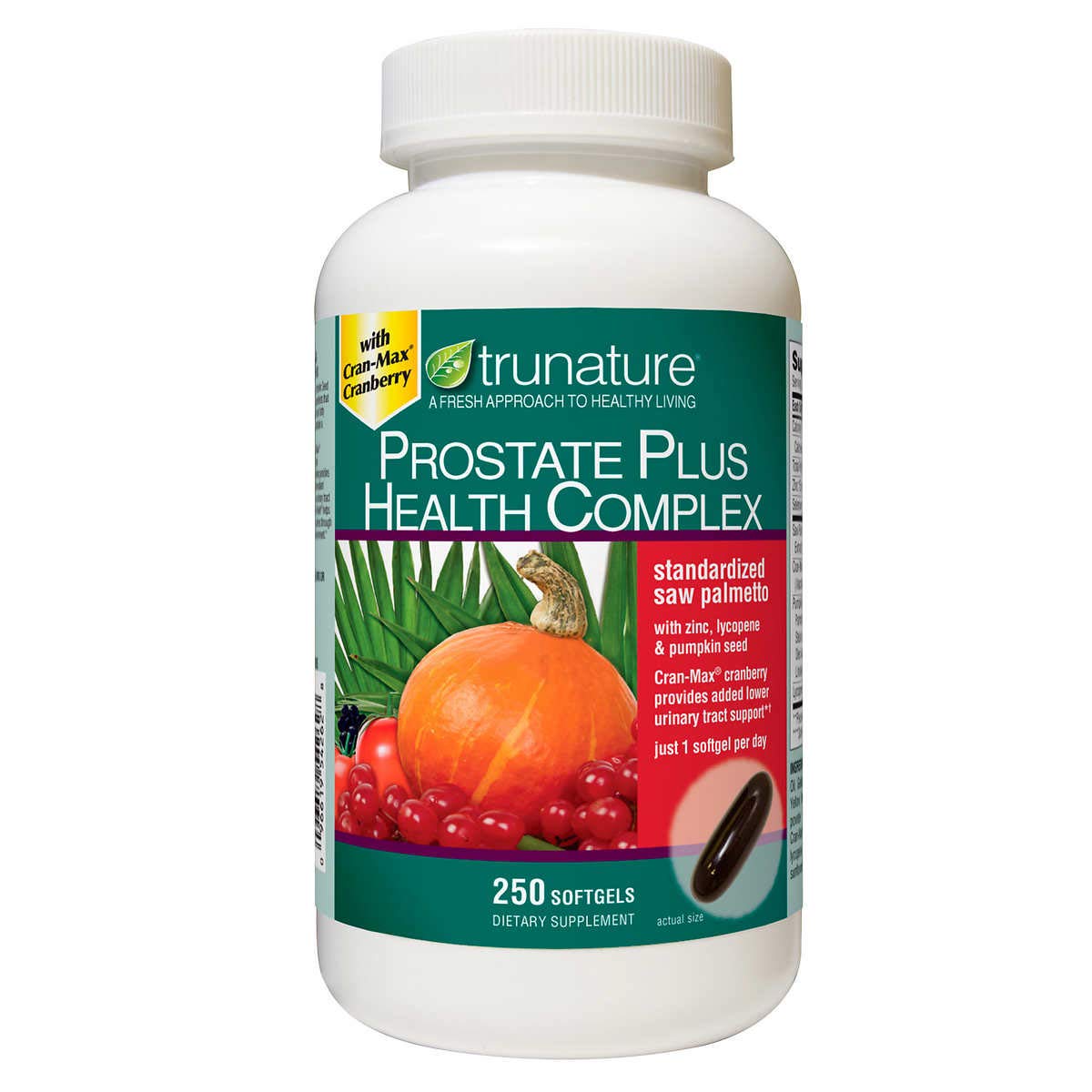 TruNature Prostate Health Complex bottle front with 250 softgels for daily support.