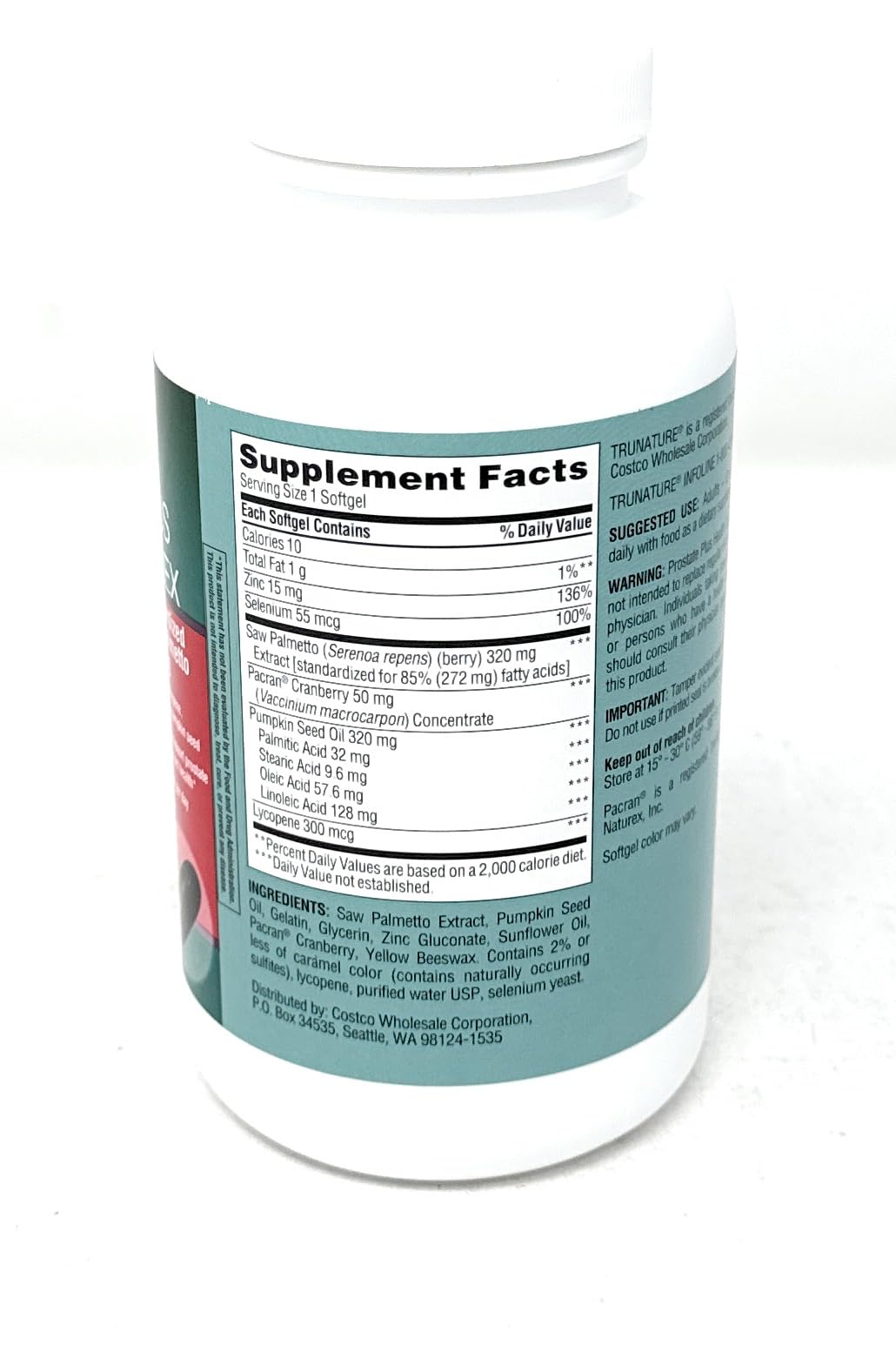 TruNature Prostate Plus Health bottle label close-up showing ingredients