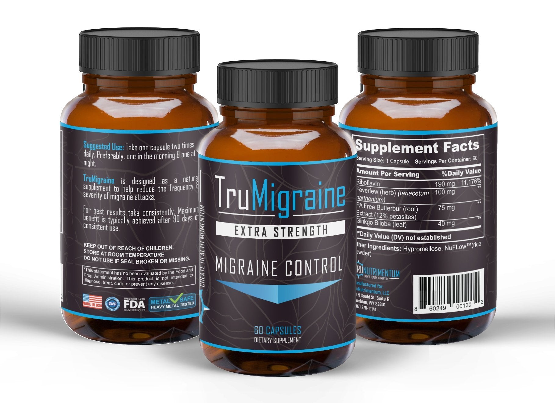 TruMigraine packaging back with 90-day usage guidance for consistent relief