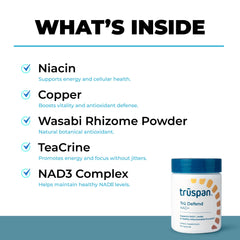 TRŪSPAN Tru Defend NAD+ capsule label shows 40 servings and clean ingredients