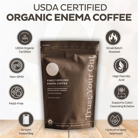 Trust Your Gut enema coffee bag back with ingredients for purity and safety.