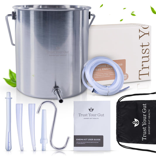 Trust Your Gut stainless steel enema bucket for durable, hygienic cleansing at home.