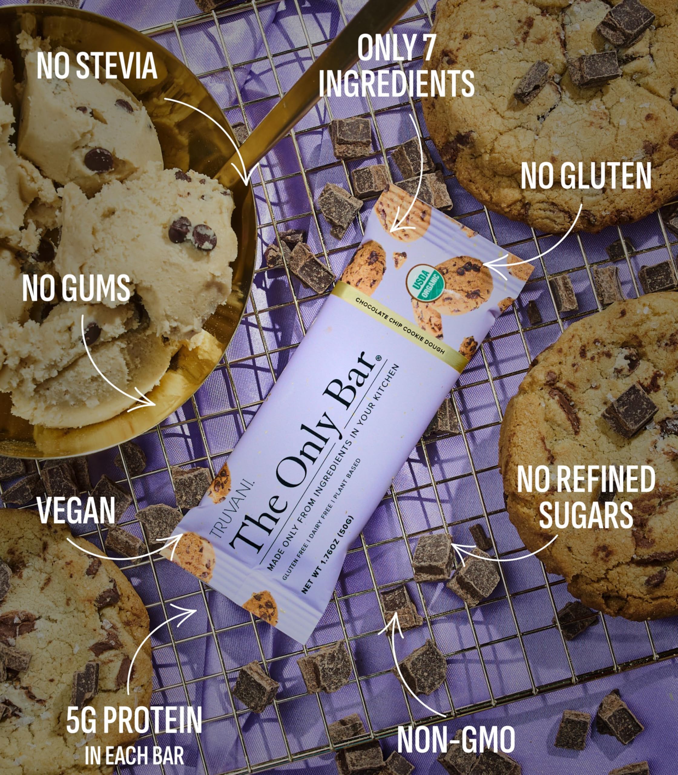 Truvani bar ingredients visual highlighting organic vegan dairy-free gluten-free qualities