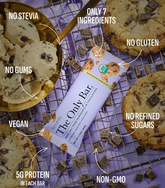 Truvani bar ingredients visual highlighting organic vegan dairy-free gluten-free qualities
