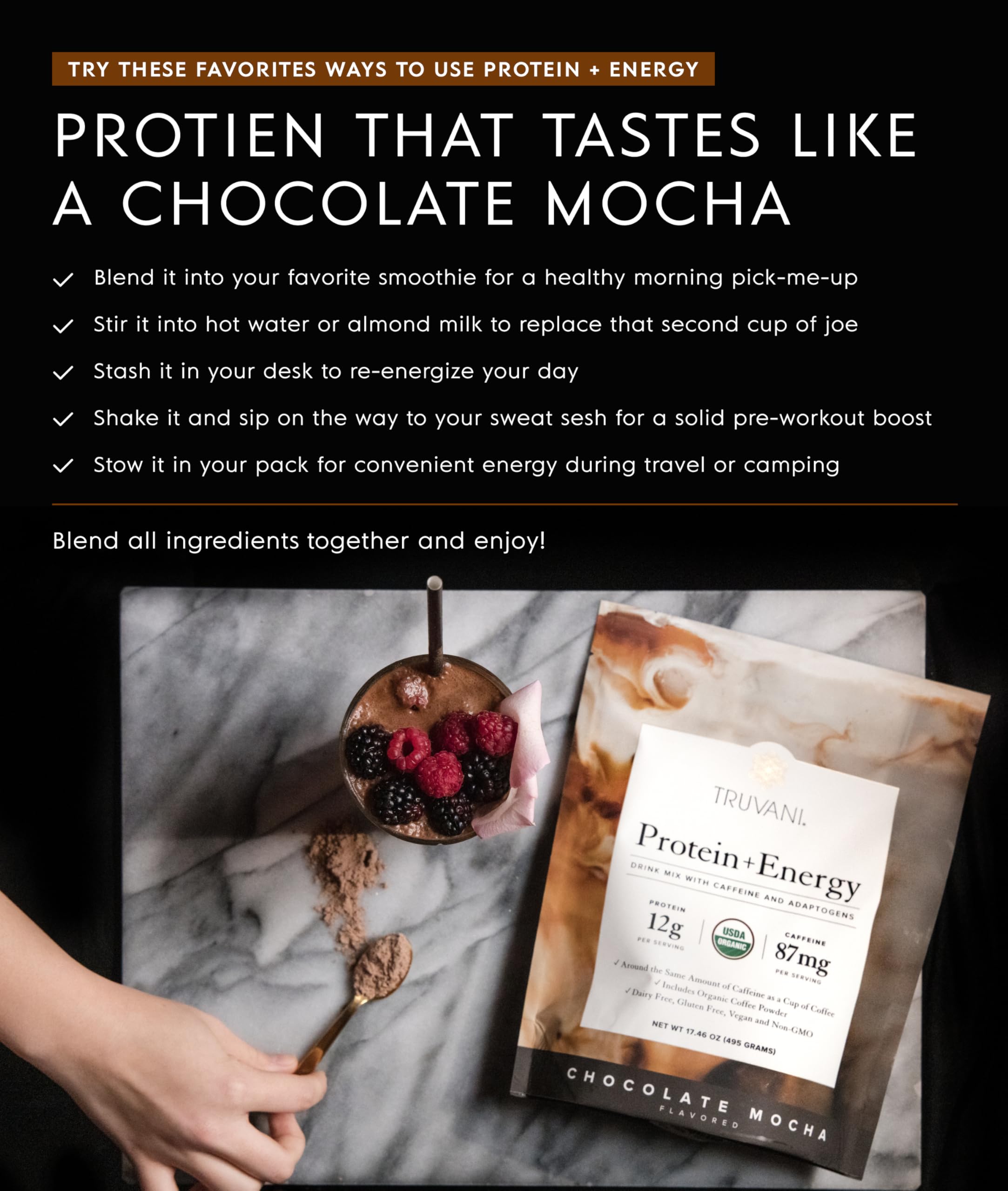 Truvani on-the-go cup implies quick protein and energy.